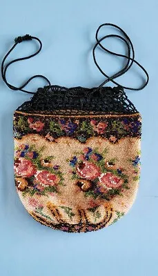 Vintage 8  Micro Beaded Purse Bag W Drawstring Closure Beautiful Floral Design • $24.99