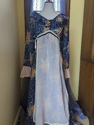 Vintage 70's Prairie Floral Hippie Bell Sleeve Bib Maxi Dress S/M • $79.99