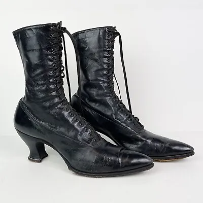 $129.99 • Buy Antique Victorian Edwardian Boots Womens Black Soft Leather High Lace Up