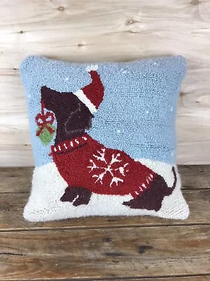 Grandin Road Christmas Dachshund Dog Wool Hooked Pillow 16x16 READ STAIN • $36.99