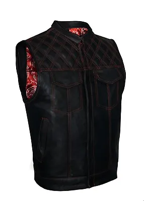 Men's Black Leather Vest Motorcycle Concealed Red Paisley Lining Waistcoat • $94.49