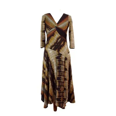 Rabbit Designs Brown Print V Neck Fit And Flare Asymmetric Midi Dress 4/6 • £23.08