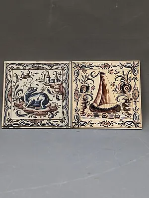 Vintage Portugal Ceramic Tile Duo Hand Painted Outeiro Agueda Azulejos • £12.95