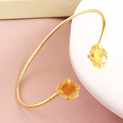 Natural Yellow Citrine Birthstone Gold Plated Prong Set Adjustable Open Bangle • $7