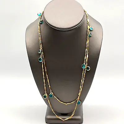 Vintage Swarovski Crystal Necklace Goldtone Bezel Set Teal Blue Faceted Crystals • $44.06