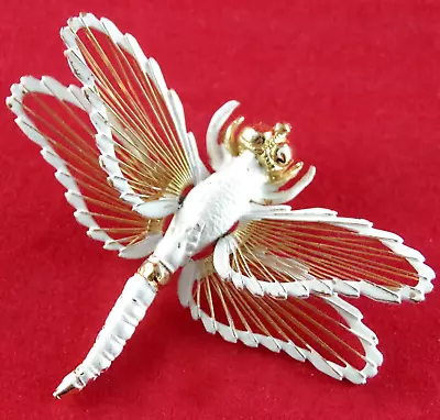 Minty! 2.25  VTG MONET SPINNERETTE GOLD WIRE & WHITE ENAMEL DRAGONFLY BROOCH PIN • $6.99