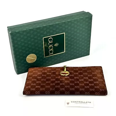 GUCCI Vintage Long Wallet Purse Horsebit Micro GG Suede Leather Brown Authentic • $198.99