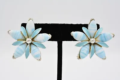 Art Vintage Clip Earrings Blue White Flower Chunky Silver Tone Signed BinAG • $29.56