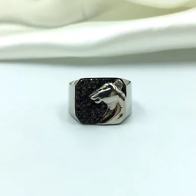 Micro Pave Set Sparkle Black Onyx In 935 Silver Panther Face Men Ring ( 9.Size ) • $150