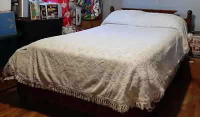 Vintage White Chenille Bedspread Double/Queen With Fringe 107''Long X  75'' Wide • $50