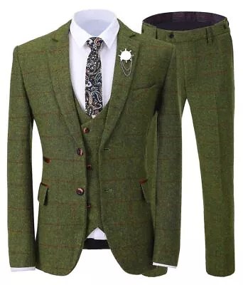 Olive Green Plaid Men Suit Tweed Vintage Luxury Prom Groom Tuxedo Wedding Suits • $100.57