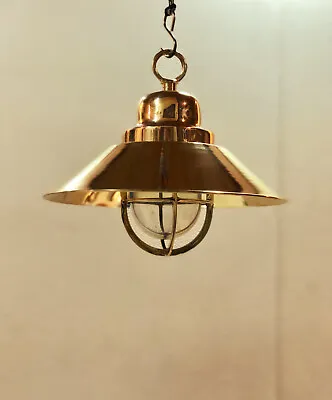 Marine Industrial Reclaimed Original Brass Vintage Hanging Ship Light With Shade • $235
