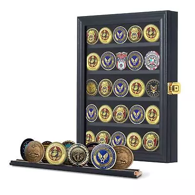Military Challenge Coin Display Case Lockable Cabinet Rack Holder Shadow Box ... • $49.82