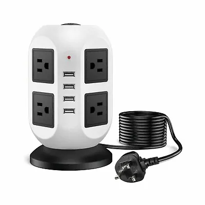 8 Way Tower Power Extension Lead With USB 3M UK Plug Multi Socket Surge Protect • £18.99