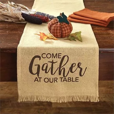 NEW Primitive THANKSGIVING Farmhouse COME GATHER Burlap Print 54  Table Runner  • $20.99