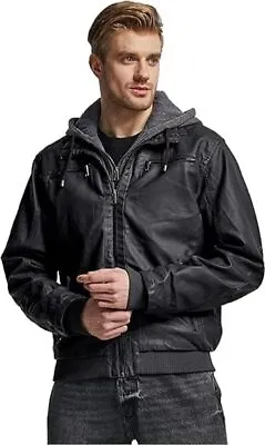 Men's Leather Jacket With Removable Hood Motorcycle Jacket Casual Winter Coat • $199