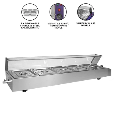 Bain Marie 5 Gastronorm Pans Stainless Steel Pot Wet Well Hot Food Display Glass • £379.99