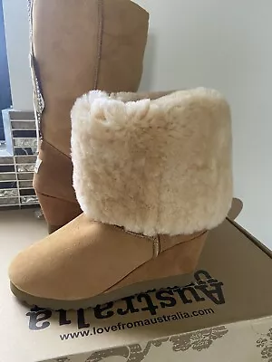 LOVE FROM AUSTRALIA  CARA CLASSIC WEDGE TALL SHEEPSKIN LADIES BOOTS Uk 5 NEW • £45