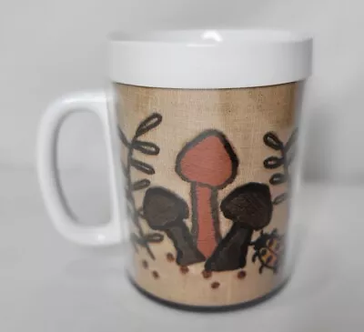 Vintage Mushroom Coffee Cup Mug Thermo Serv Printed Yarn Mushrooms 70s USA • $15.30