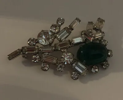 Vintage Green & Clear Rhinestone Silver Tone Brooch • $14.99