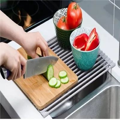 Dish Rack Drying Drainer Over Sink Stainless Steel Rack Roll Up Foldable Kitchen • $27.49