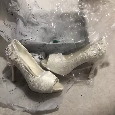 Emily Brida Lace Wedding Shoes Ivory Lace Peep Toe High Heel Bridal Shoes Size 5 • £26