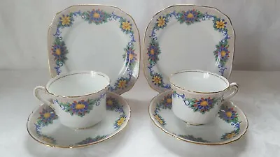 Phoenix Bone China Trio's X 2. T.F. & S Ltd. 1950's. Blue And Yellow Flowers.  • £11