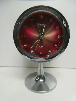Vintage Chrome Red Face Plastic Pedestal Clock Rhythm - Mid Century  • $95.67