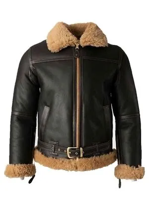 Men's Aviator B3 Black Leather Bomber Real Sheepskin Fur Shearling Jacket • $199.99