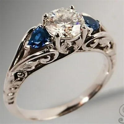 $3.15 • Buy Bridal 925 Sterling Silver Wedding Band Women's Ring Diamond Sapphire