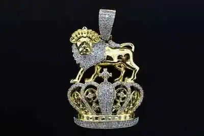 2.50Ct Round Cut Real Moissanite King Crown Lion Pendant 14K Yellow Gold Plated • $200.79