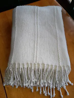 Pottery Barn Throw Blanket Tassel Fringed Ivory 50x60 Cable Knit Acrylic Blend • £24.12