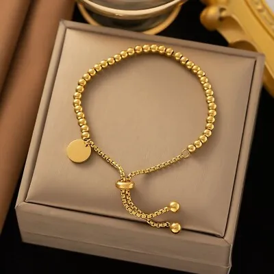 Woman 18K Gold Plated Stainless Steel Bead Ball Chain Bracelet Bangle Disc • $9.98