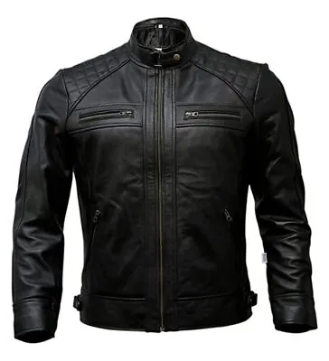 Men's Café Racer Biker Leather Jacket Black Brown Motorcycle Genuine Leather • $103.49