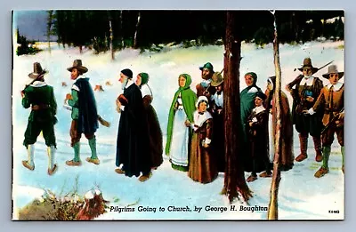 $6 • Buy Postcard Vtg Thanksgiving Holiday Celebration Pilgrims Going To Church Boughton