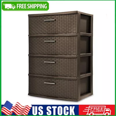 4 Drawer Dresser Wide Weave Storage Tower Chest Cabinet Organizer Box Espresso • $39.98