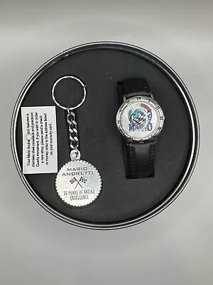 Mario Andretti Arrivederci Watch & Key Chain W/ Collector Tin Retirement 1994 • $28.95