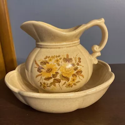 Vintage McCoy Pitcher & Bowl Set Speckled Pitcher With Flowers USA 7528 • $28