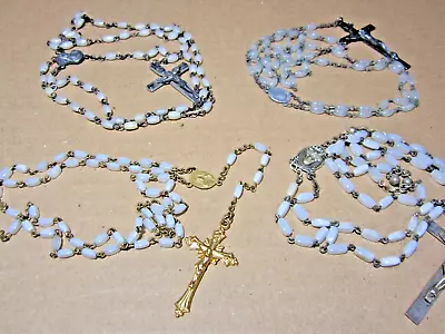 Vintage 4 White Cream Bead Rosaries Italy Metal Links Mother Pearl Lucite Medals • $11.19