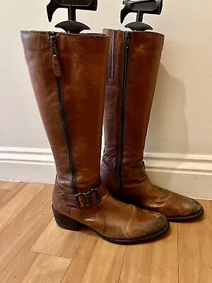 Cara London Cognac Tan Brown Leather Mid Heel Boots Size 39 Narrow Fit • £15