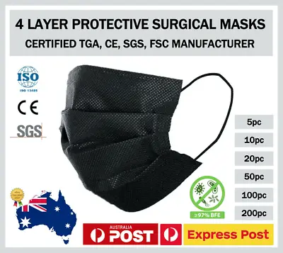 20 - 100 Pcs Black Face Covering 4 Ply Protection Melbourne • £53.81