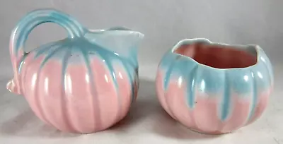 Vtg Pottery Pink Blue Pumpkin Ball Pitcher + Ribbed Bowl EUC   (Kellem's?) • $17