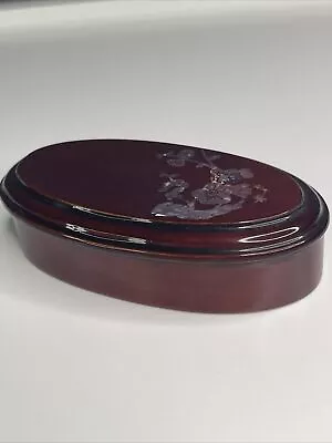 Brown Lacquer Trinket Box Mother Of Pearl Abalone Inlay  4.5  Oval Jewelry Box • $16.99