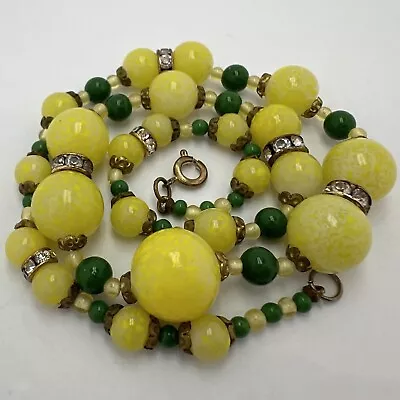 Vintage Art Deco Yellow Green Czech Glass Rhinestone Bead Necklace • $11.50