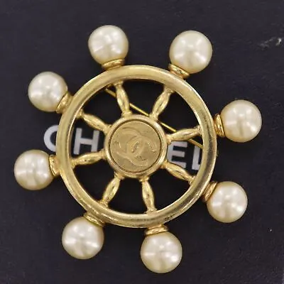 CHANEL CC Logos Rudder Used Pin Brooch Gold Plated Pearl 94P Vintage #BX377 S • $1729.47