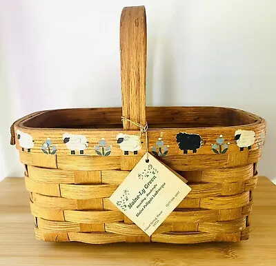 Woven One Handle Oak + Ash Nut Basket 9 Inch Long Hand Painted Sheep Trim • $16.99