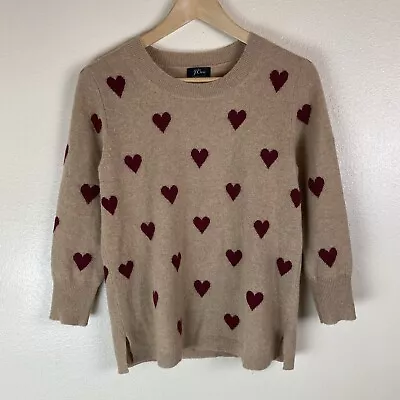 J. Crew Everyday Cashmere Sweater Size S Intarsia Knit Hearts Camel Tan Novelty • $49.99