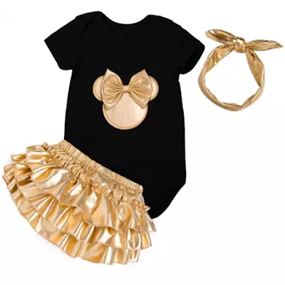 NEW Minnie Mouse Baby Girls Black Shirt Gold Ruffle Bloomers Headband Outfit  • $8.44