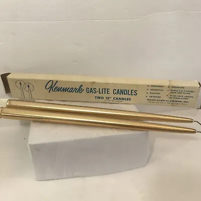 Vintage Kenmark Gas Lite GOLD 15  Wear Ever Aluminum Candle Pair With BOX • £19.27