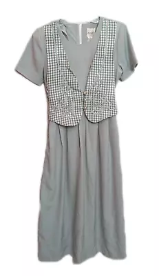 VTG TR BENTLEY Sage Green Gingham Maxi Tie Back Dress Vest Sz 10 Pleated EUC • £28.93